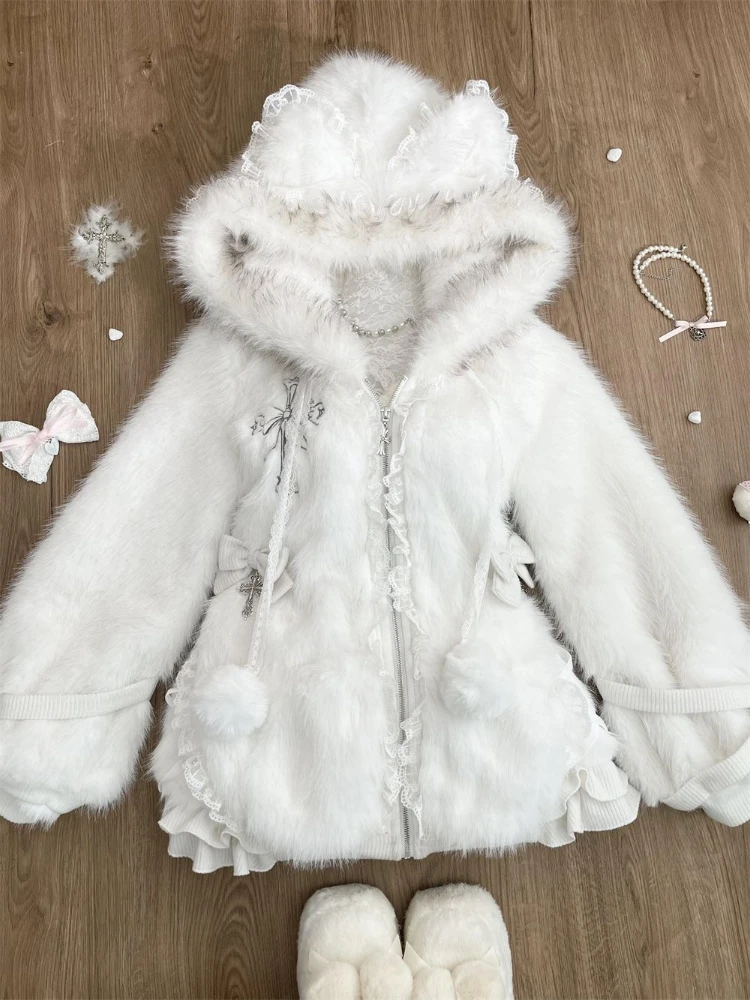 Winter Sweet Plush Warm Hooded Sweet Coat New Japanese Fashion Princess White Cute Zipper Jacket Designer Slim Harajuku Clothing