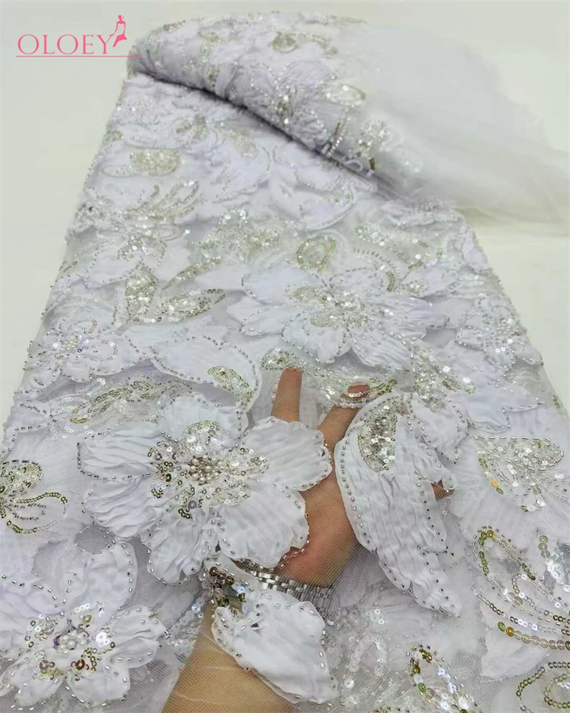 

OLOEY High Quality African Sequins Tulle Embroidered Groom Lace Fabric Beaded Sequins Lace Fabric For Nigerian Wedding