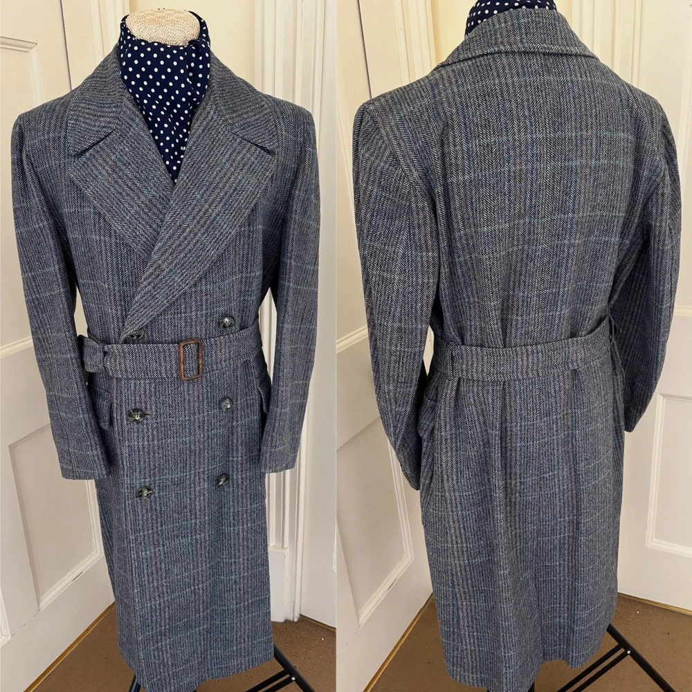 

Classic Winter Woolen Long Coat For Men Plaid Thick Peaked Lapel Blazer Double Breasted Only Jacket Custom Made