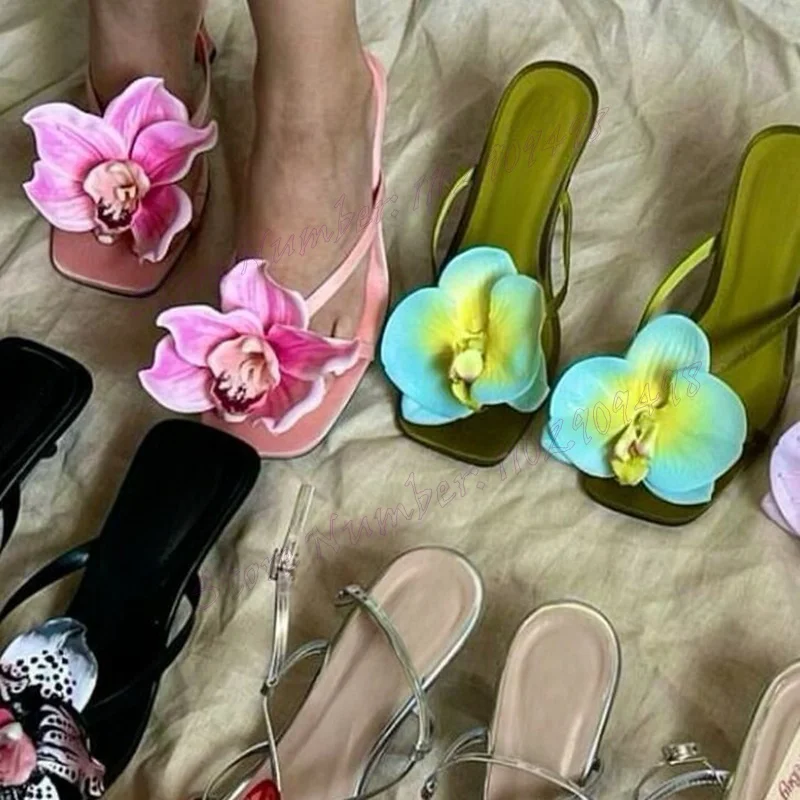 Zwarte Bloem Decor Slippers Vierkante Neus Schoenen Voor Vrouwen Stiletto Hoge Hakken Zomer Elegante Schoenen 2024 Zapatos Para Mujere