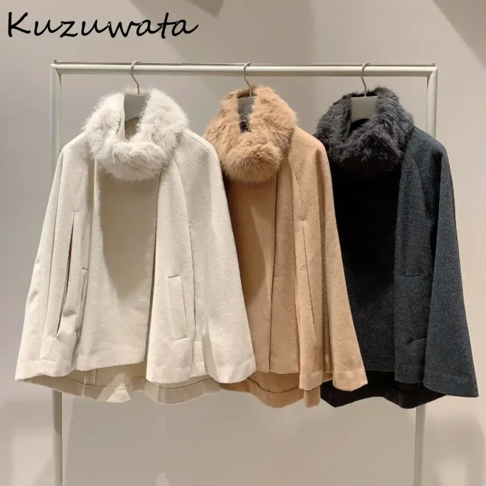 Kuzuwata Feminine Luxury Fur Collar Cloak Sleeves Blends Wool Loose Moda Irregular Personalized Jacket Japan New Warm Clothing