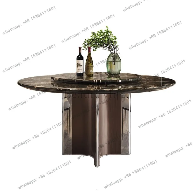 

Italian light luxury dining table luxury stone household marble round table with turntable