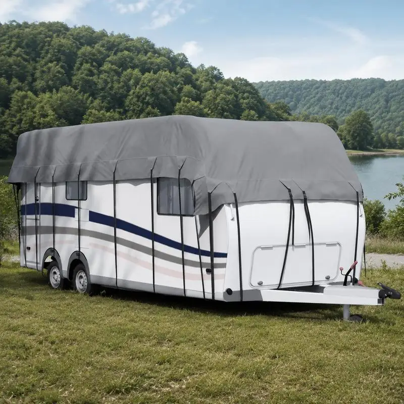 Housse de toit pour caravane 800x300 cm Gris, bâche de protection en tissu non tissé 3 couches, résistante aux déchirures et anti-poussière, protection toutes saisons contre la pluie, la neige et la saleté, facile à installer avec sangles de fixation
