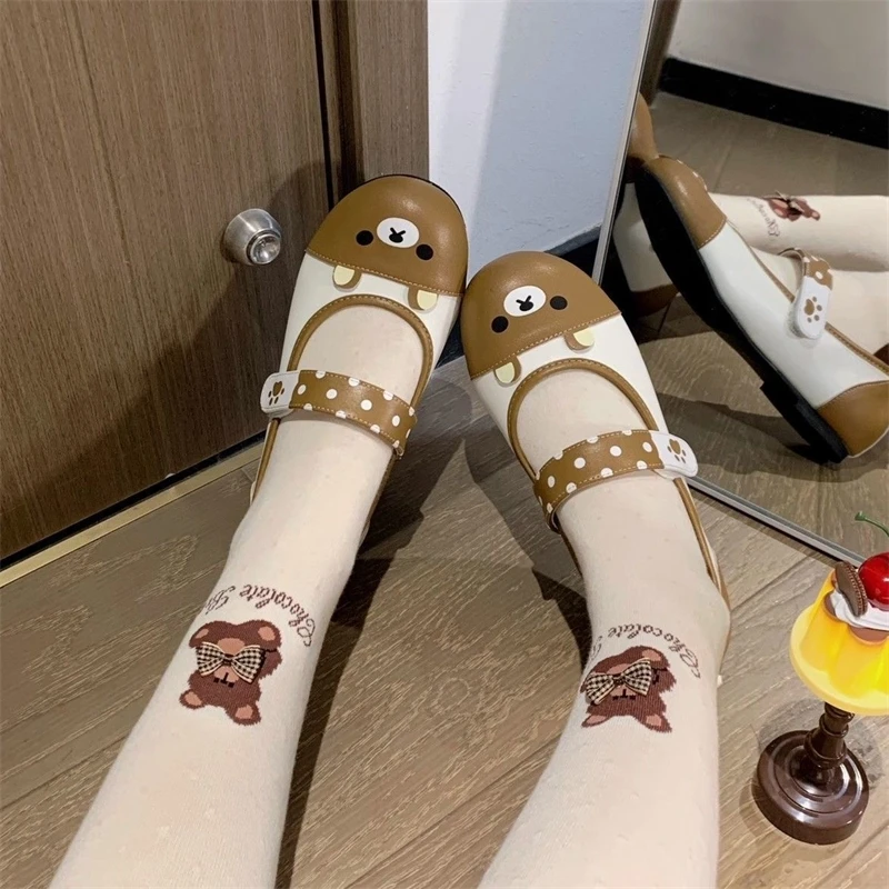 2025 Spring Collection Rilakkuma Girls Shoes Cute Strap Leather Flats Adorable Cartoon Design Versatile Fashionable