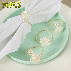 Rose Napkin Rings White Pearl Flower Napkin Holder Set for Dinner Wedding Banquet Valentines Day Party Restaurant Table Setting