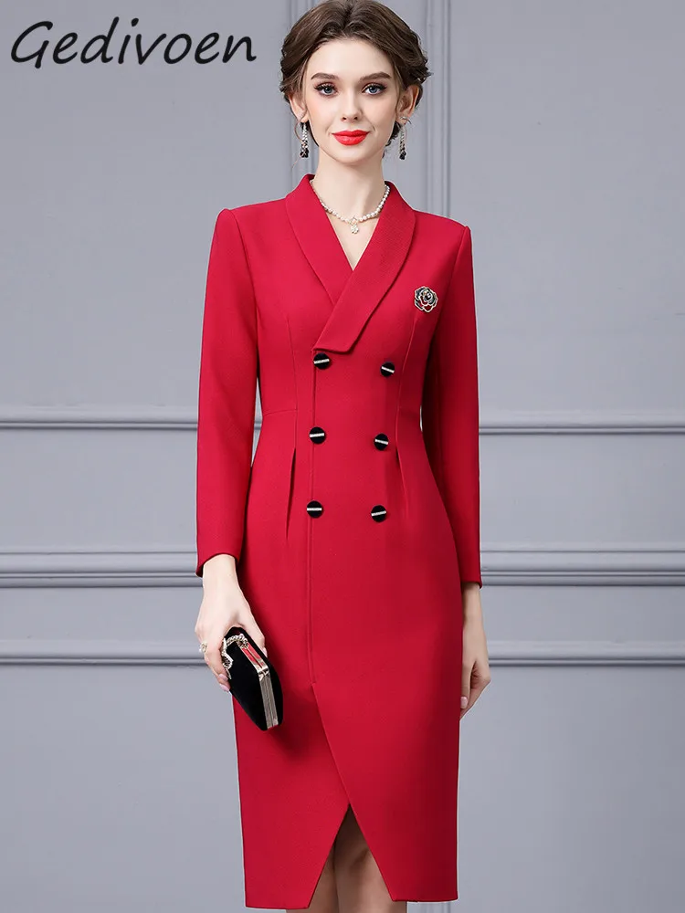 

Gedivoen Autumn Fashion Runway Red Vintage Temperament Dress Women Lapel Brooch Button Pockets Package Buttocks Slim Midi Dress