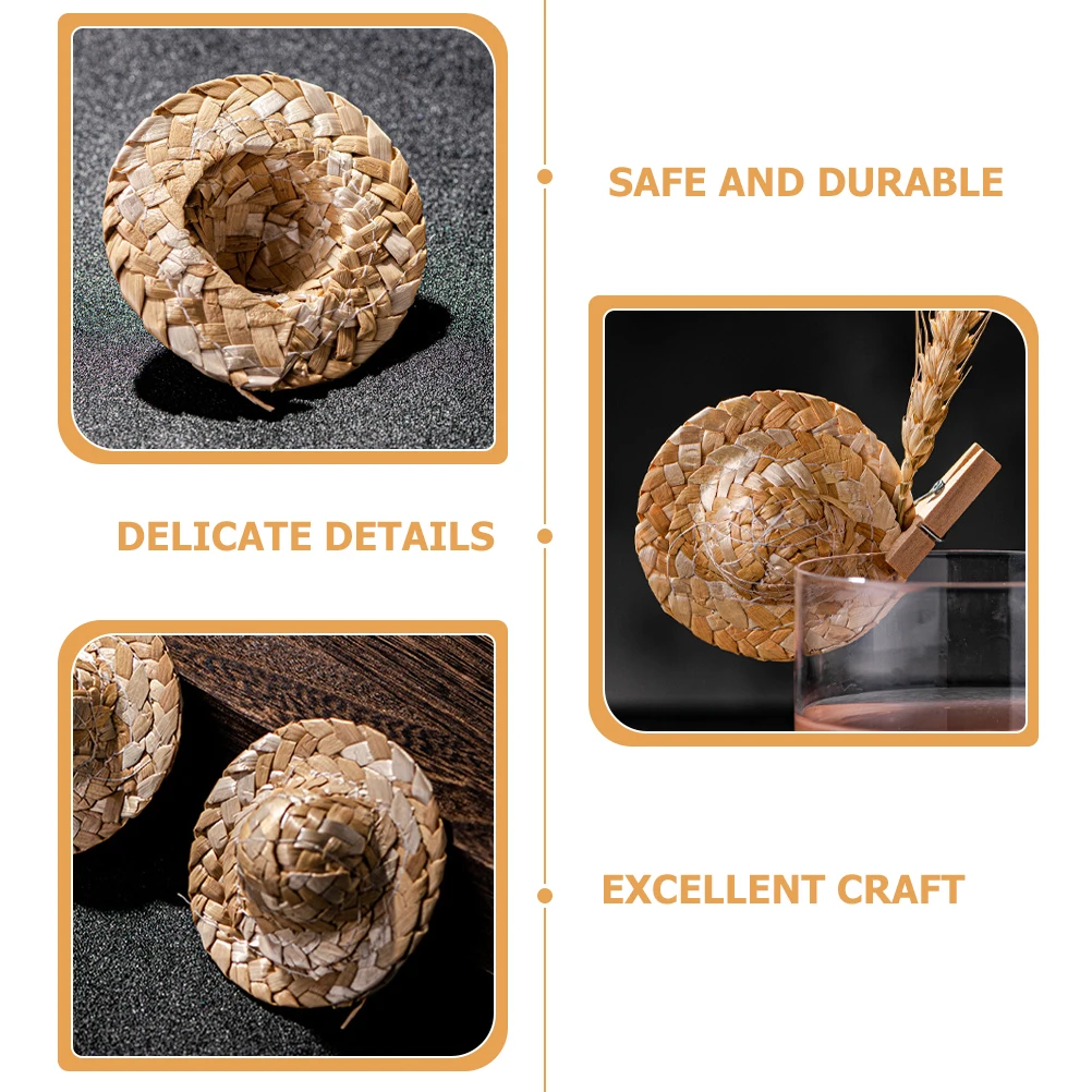 

6pcs Straw Hat Cocktail Decorations Khaki Tiny Caps for Drinks Party Supplies Food Toppers Cocktail Glasses Toppers Bar Tools