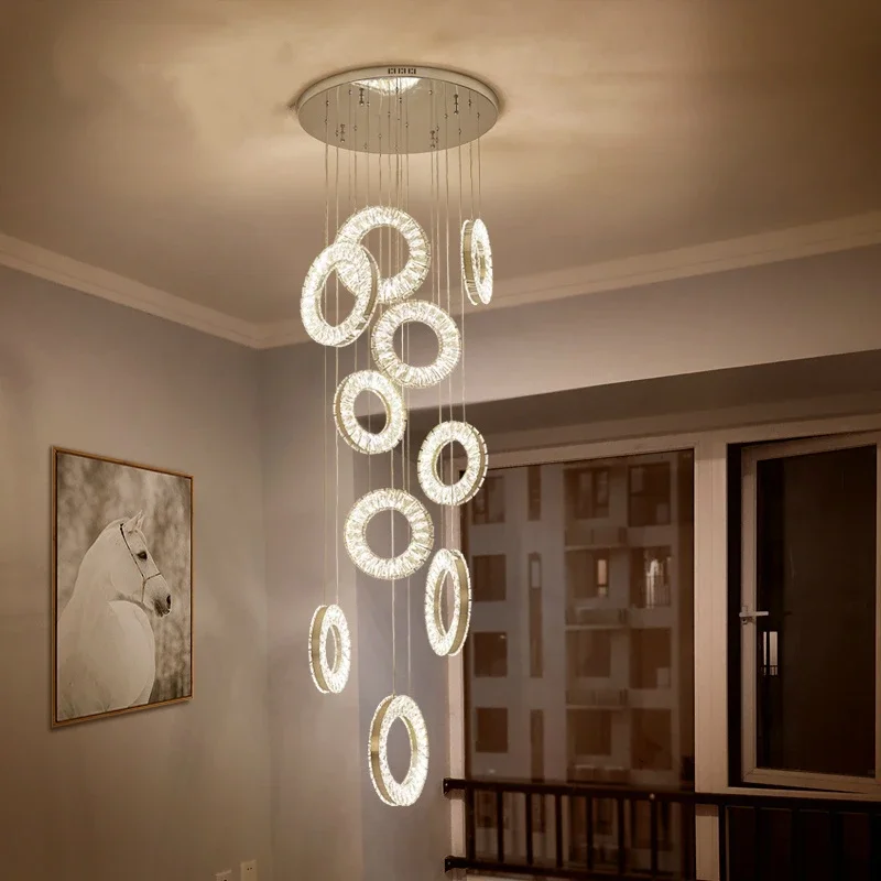 Led crystal chandeliers modern staircase chandelier fishing line suspension long hanging ceiling lamps country house loft lamp