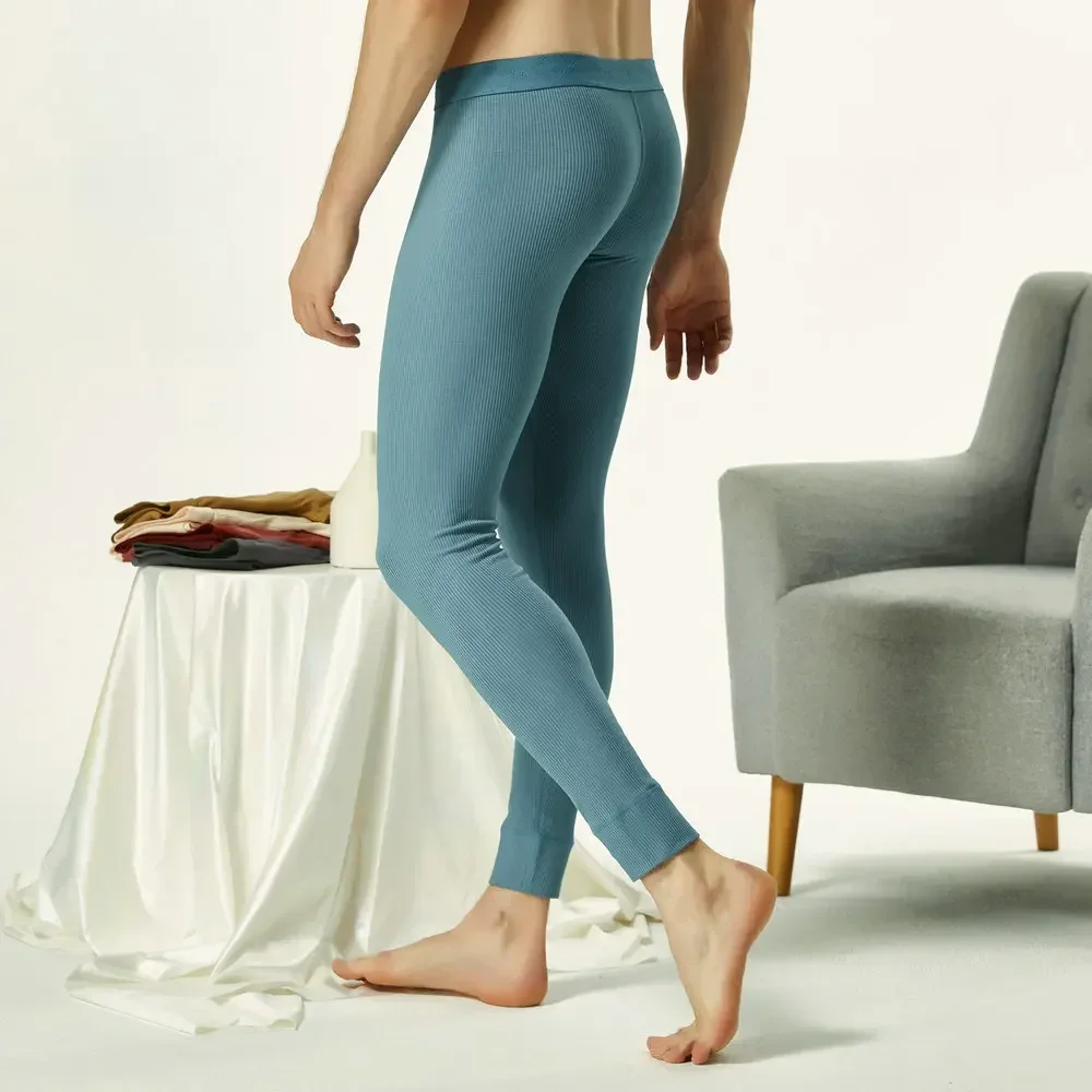 Mens Thermal Underwear Pants Winter Cotton Tight Pants Stripe Long Johns Pajama Pants