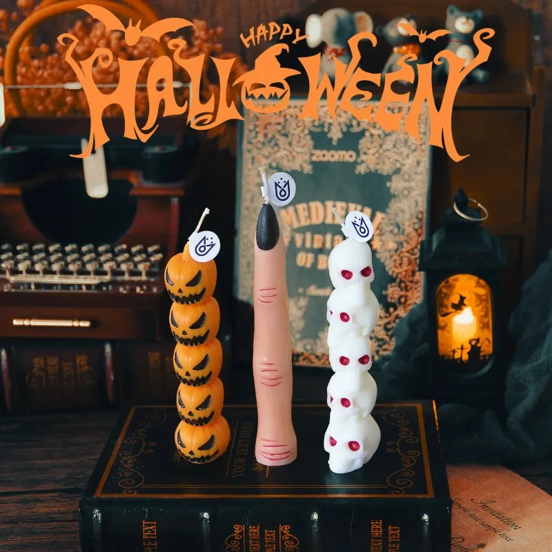 5pcs Halloween Shaped Scented Taper Candles Handmade Soy Wax Pumpkin Skull Finger Aromatherapy Party Decor Holiday Gift