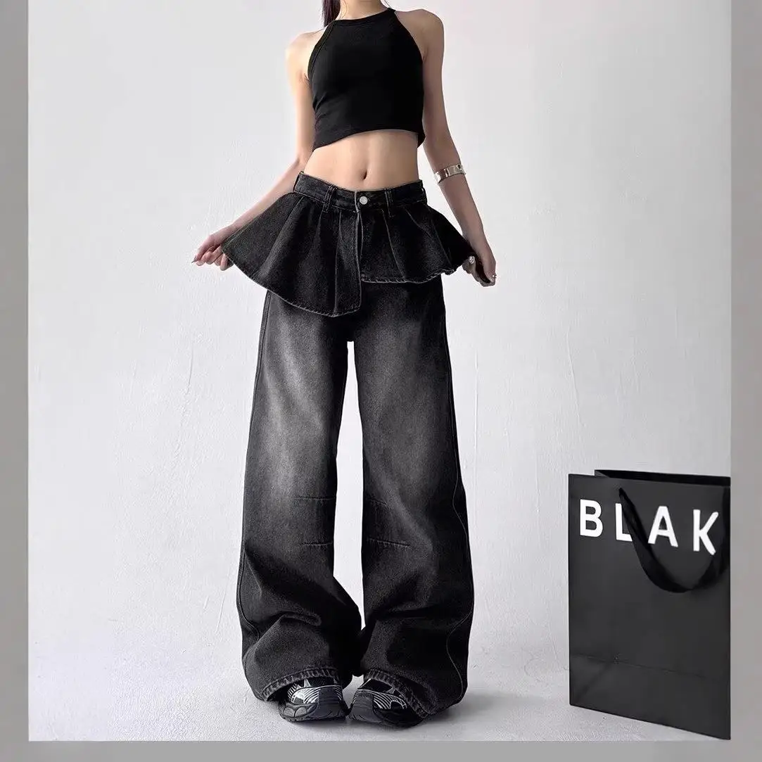 

Vintage Faux Two-Piece Denim Jeans Women's Wide Leg Pants with Skirt Design Casual Style Low Waist Cotton Blend