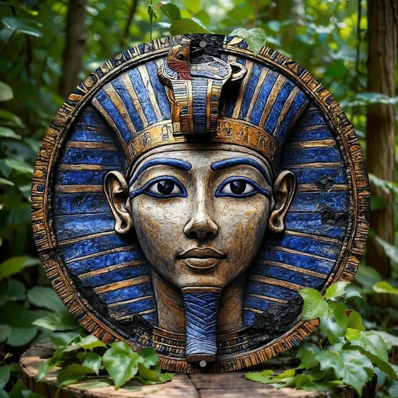 2D Flat Print, Round Metal Aluminum Sign, Ancient Egyptian Pharaoh Design, Artistic Wall Decor for Home, Office, Holiday Gift