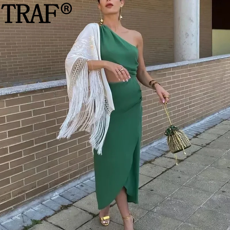 TRAF 2023 Cut Out Long Dress Women Asymmetric Off Shoulder Green Dress Woman Ruched Summer Midi Dresses Elegant Party Dresses