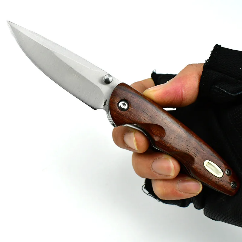 Hot Sale Outdoor Camping Portable Pocket Mini Folding Knife Stainless Steel Blade Wooden Handle Survival Knives EDC Tool