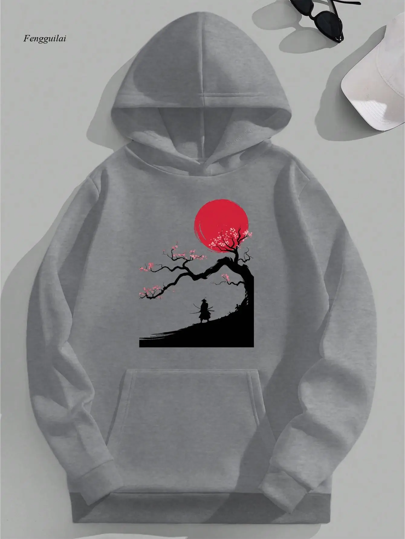 Samurai Hoodie - Japanese Cherry Blossom Tree, Non-Stretch Fabric Hooded Sweatshirt with Front Pocket, Loose Fit Pullover