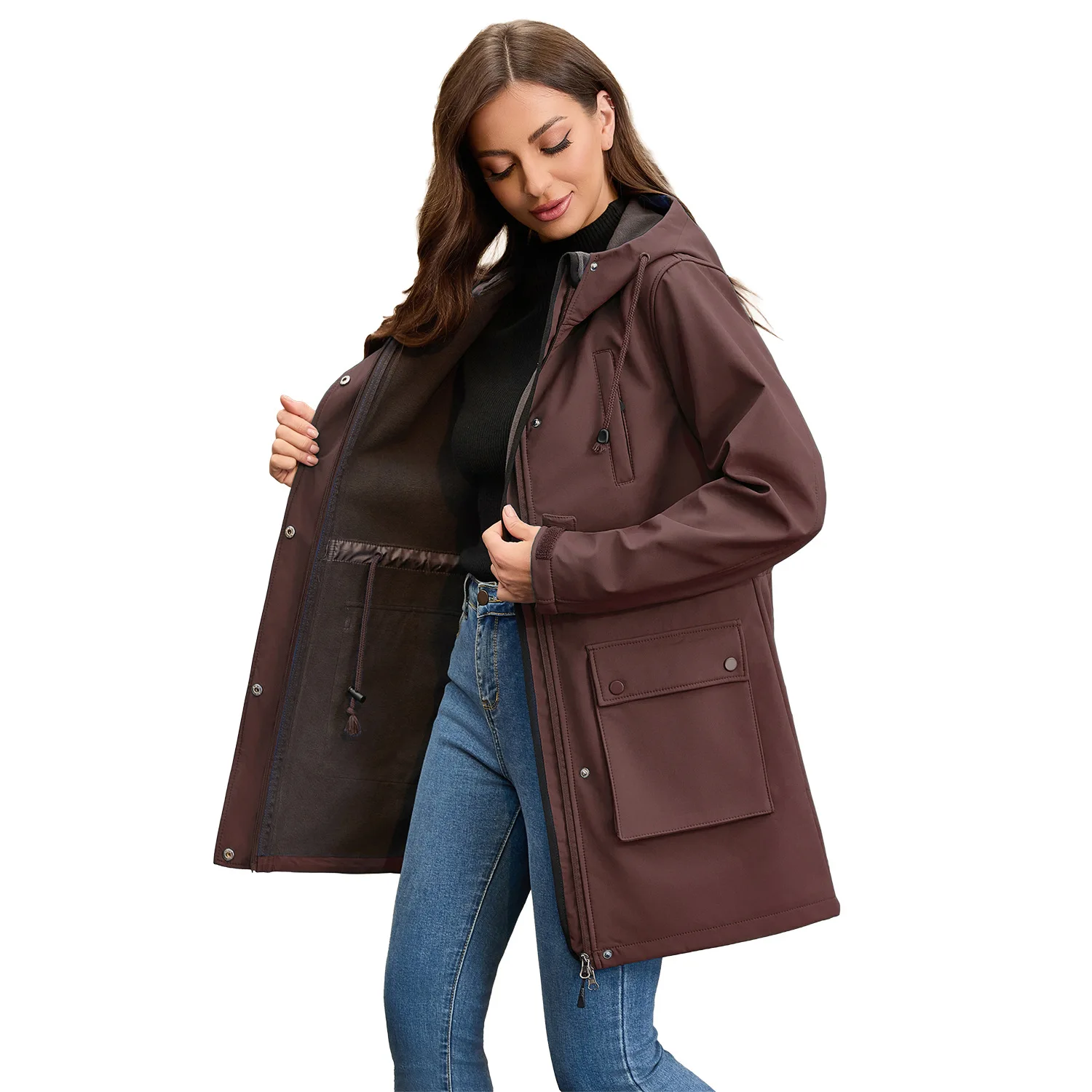 

Spring Women's Office Casual Loose Elegant Hooded Trench Coat Comfortable Versatile Fashion Long Sleeve Classic Cut Outerwear