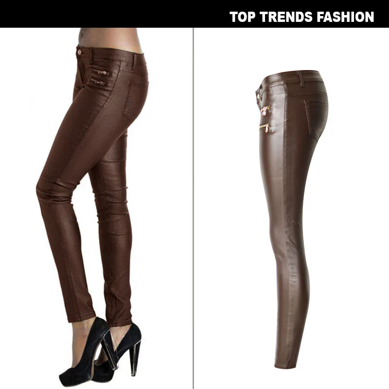 Womens Pant Brown Low Waist Elastic Feet Pants with Double Zippers PU Leather Pants for Women