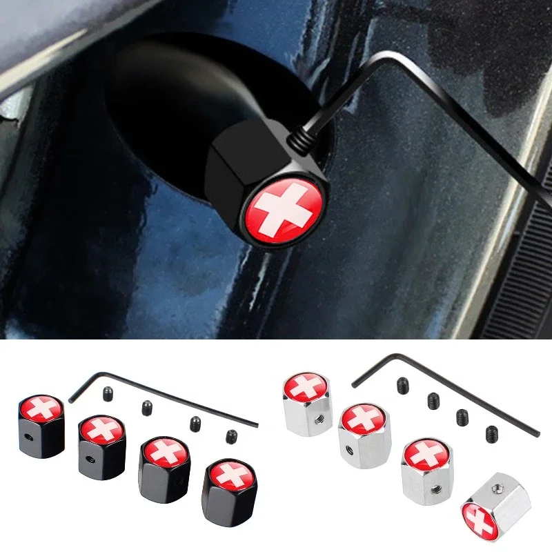 Swiss Flag Car Wheel Tire Valve Stems Caps AntiTheft Cover For Volkswagen Skoda Mercedes Benz BMW Audi Citroen Renault Opel Ford 