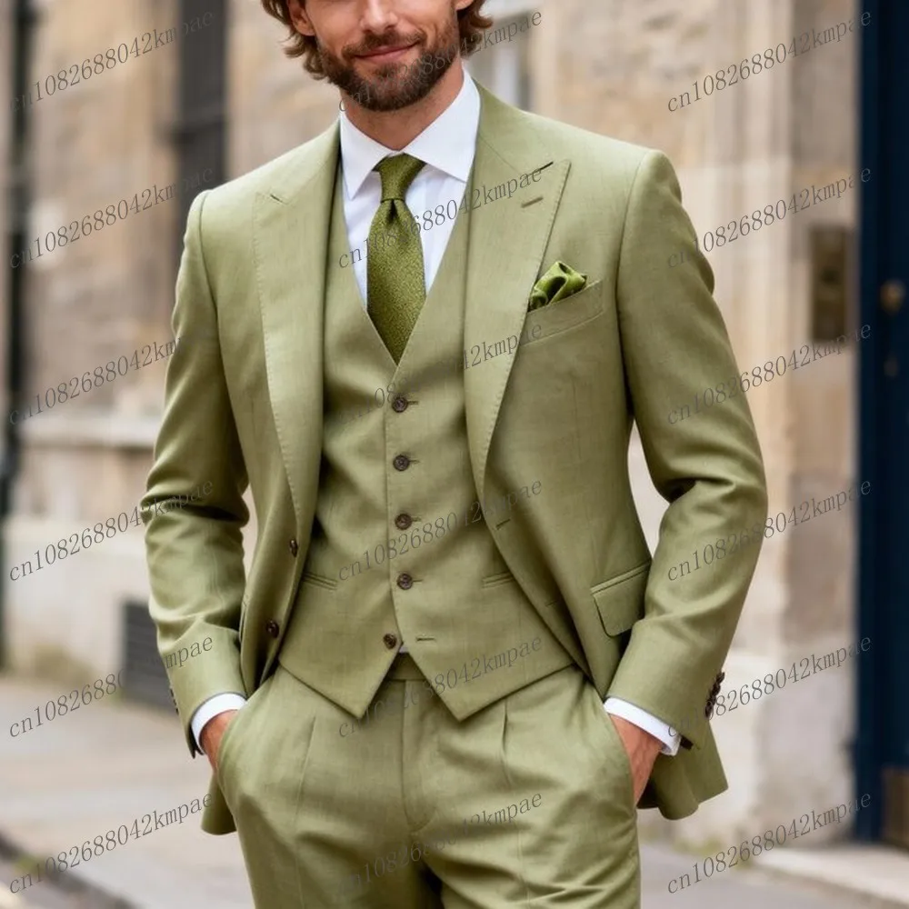 

Matcha Green Men Suits Formal Groom Groomsman Wedding Party Prom Business Male Tuxedos Customize 3 Piece Set Blazer Vest Pants