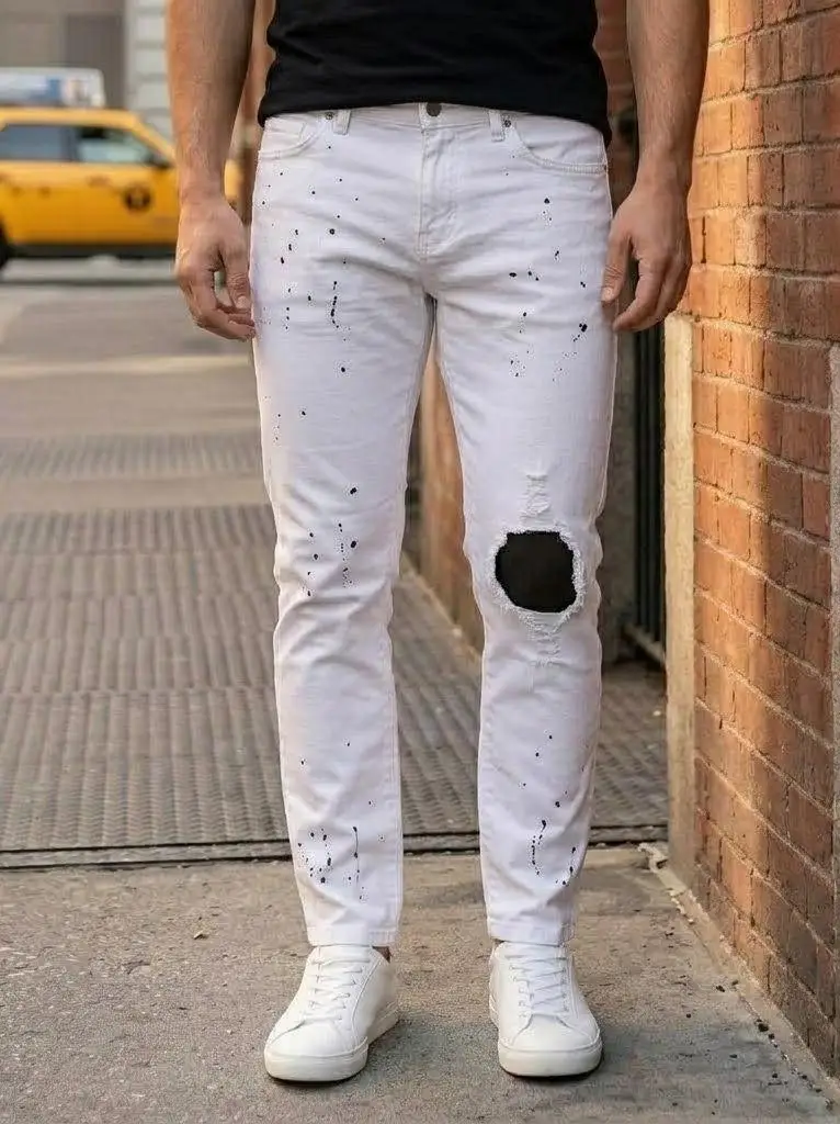 【HME】Men's Jeans | Splash‑Paint Ripped Patch Denim Pants, White Distressed Frayed-Edge Denim Trousers, Black Ink-Splatters Decorated Casual Pants, Knee Hole Patchwork Denim Bottoms, Urban Hip-Hop Street Style For Men