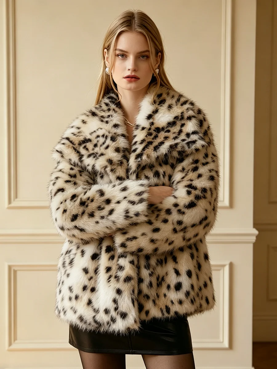 RU Women Leopard Print Faux Fur Cropped Jacket Wide Lapel Collar Open Front Long Sleeve Fluffy Winter Outerwear