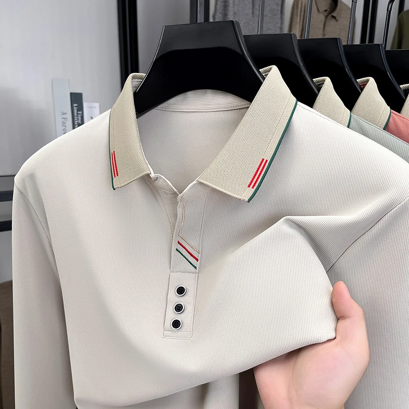 Light Luxury Brand fashion long sleeve polo shirt  men's autumn new item high-quality color blocking design casual lapel T-shirt