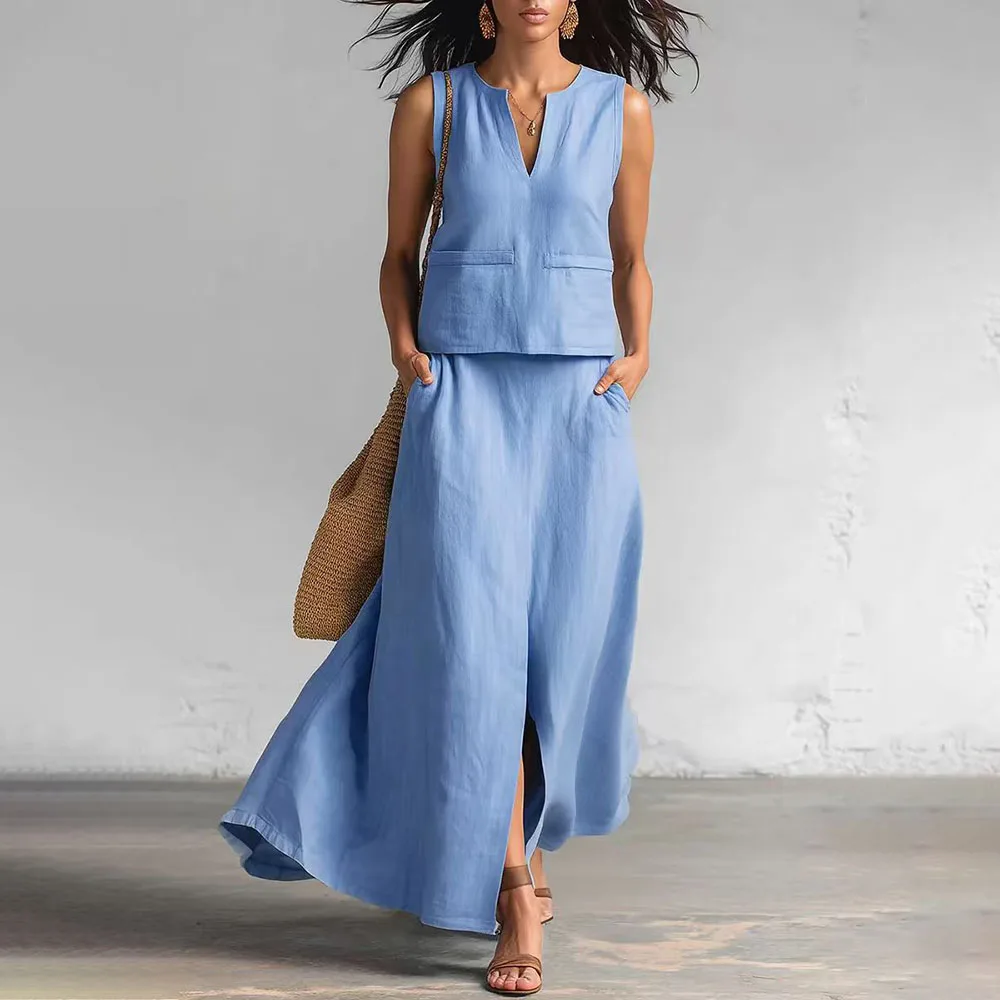 

Модный хлопковый комплект из 2 предметов: повседневные топы без рукавов и длинные юбки для женщин, коллекция 2026 года