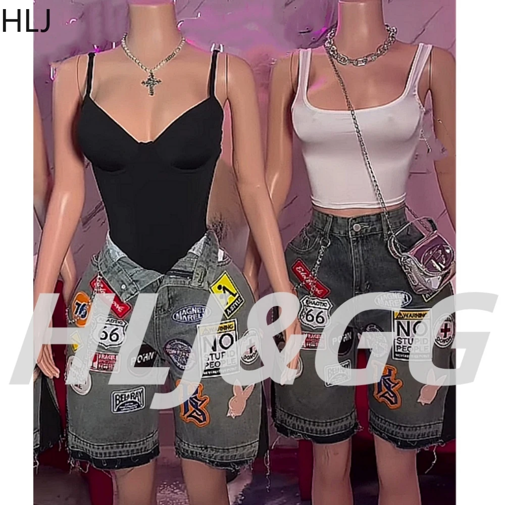 

HLJ Trendy Y2K Hip Hop Letter Print Jean Shorts Two Piece Sets Women Spaghetti Strap Bodysuits + Denim Shorts Outfits Streetwear