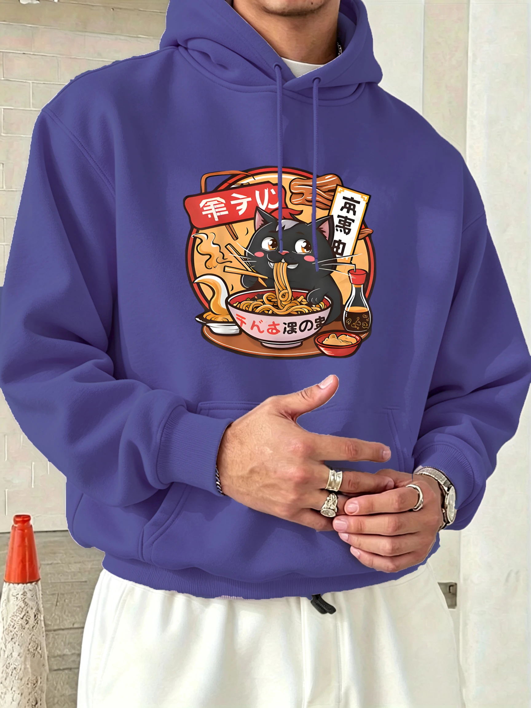Cat Enjoying Delicious Lamian Noodles Print Mens Sport Hoodie All-Match Soft Pullover Fleece Long Sleeve Autumn Vintage Clothing