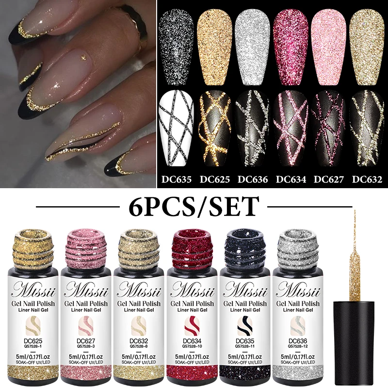 Set de 2/4/6 Piezas de Gel Liner con Glitter Reflectante, Líneas, Graffiti, Rayas, Diseño Francés DIY 2
