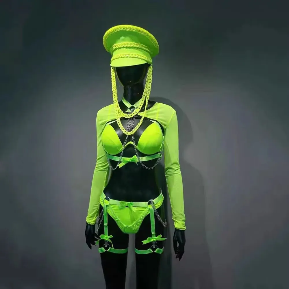 Seksowny zespół taneczny DJ Gogo Kostium festiwalowy Odzież damska Piosenkarka Bar Koncert Pokaz sceniczny Zielony strój bikini z kapeluszem