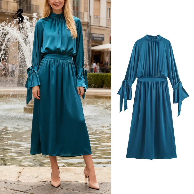 Damen-Maxikleid mit Stehkragen und langen Ärmeln, blaugrünes, plissiertes, elegantes Abendkleid aus Satin mit Bündchen