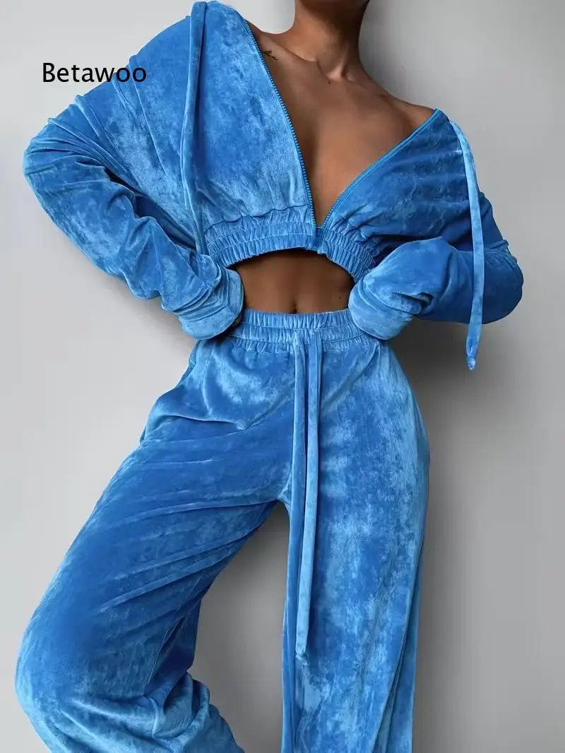 Women Long Sleeve Velvet Two Piece Set Cropped Zip Hoodie With Elastic Waist Wide Leg Pants For Street Style Daily Casual Scenes