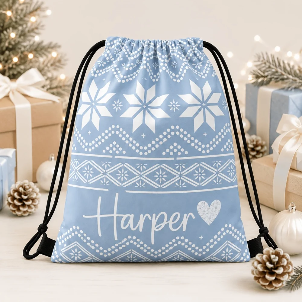 1Pc Custom Name/Text Snowflake Design Drawstring Backpack, Lightweight Sports Bags, Gym Storage Bag, Outdoor Travel Rucksack