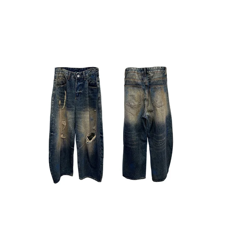 Benuynffy Retro Washed Ripped Hole Jeans Women 2026 Summer New Bf Style Mid Waisted Y2k Streetwear Female Baggy Wide Leg Pants