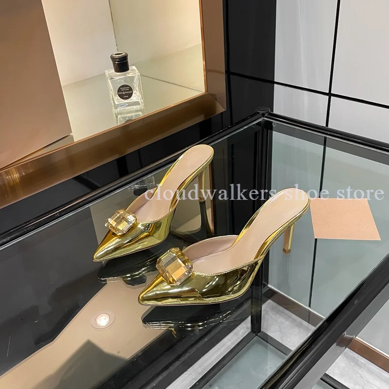 

Shiny Patent Leather Silk Satin Wrapped Pointed Toe Gemstone Decor Slipper Summer Concise Shallow Mouth Slip On Stiletto Slipper