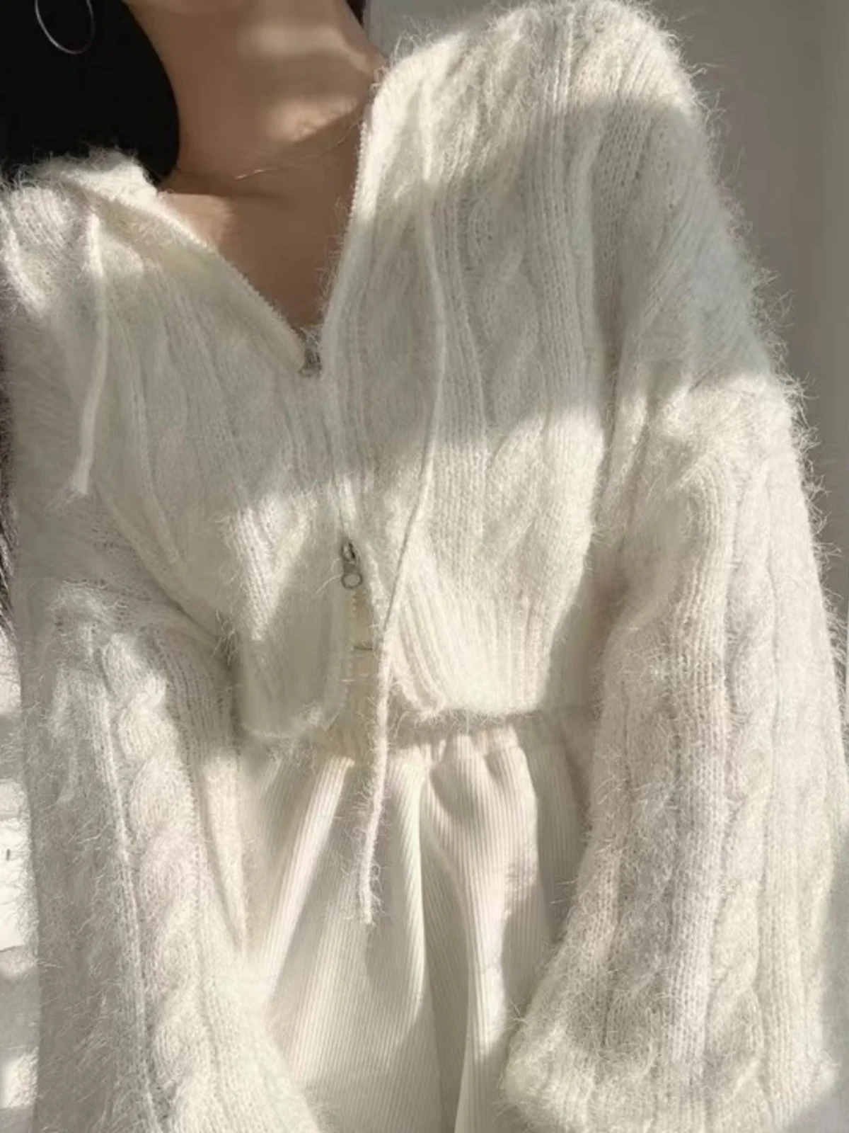 

White Knitted Hat Women's ort Coat Vintage Korean Sle Furry Hooded Cardigan Chic Top Warmth Winter Season Casual Commute ...