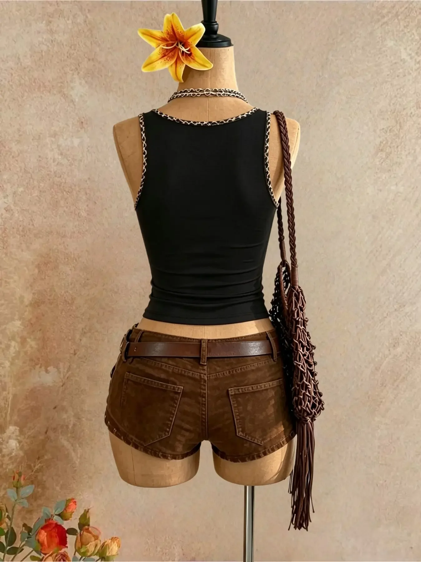 Women U Neck Tank Top With Leopard Edge Sleeveless Slim Stretch Knit Camisole Retro Western Vest For Festival Concert Daily Wear