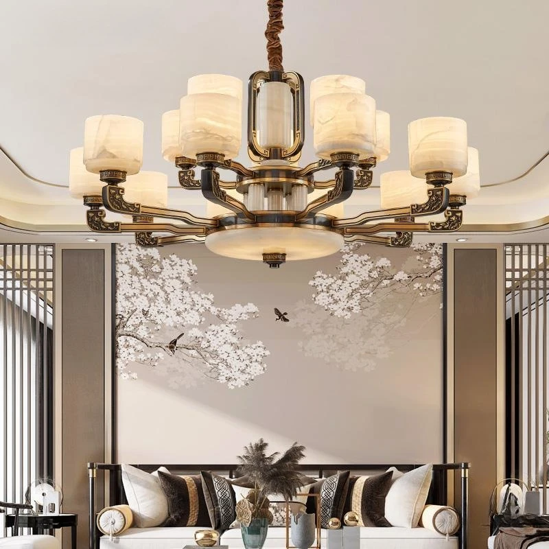 Lampu Jade baru bergaya Cina untuk ruang tamu, lampu utama berbahan tembaga penuh, berkesan mewah