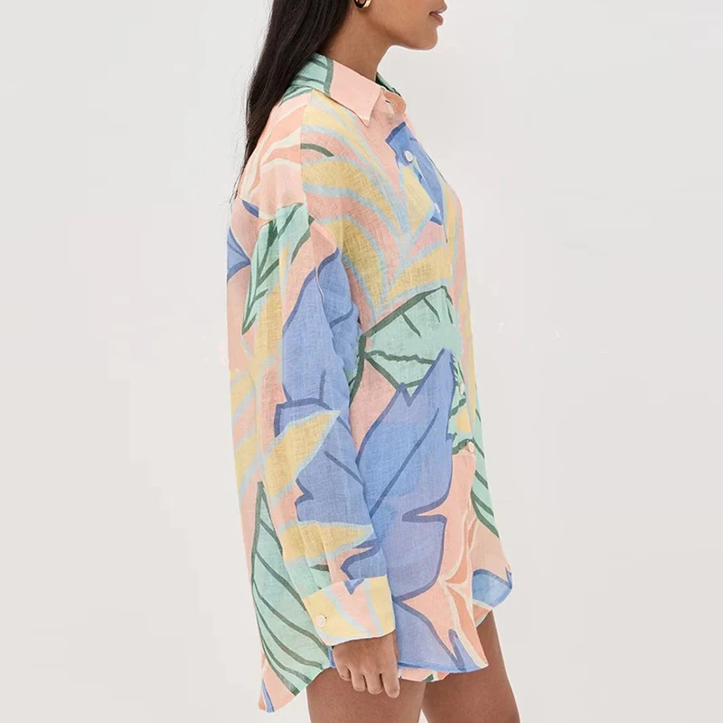 

New 2025 Loose Beach Outfit Lady Casual Lapel Button Shirt & Shorts Summer Set Fashion Pattern Printed Long Sleeved Holiday Suit