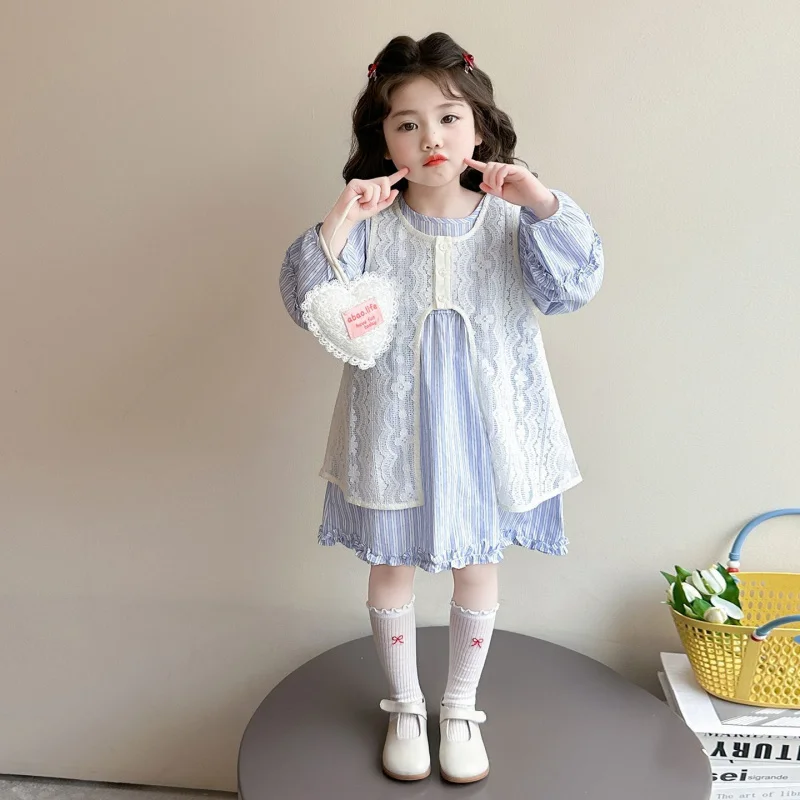 

Little girl's new spring Korean-style outfit: girls' lace hollow-out vest and long-sleeve striped dress, children's long dress