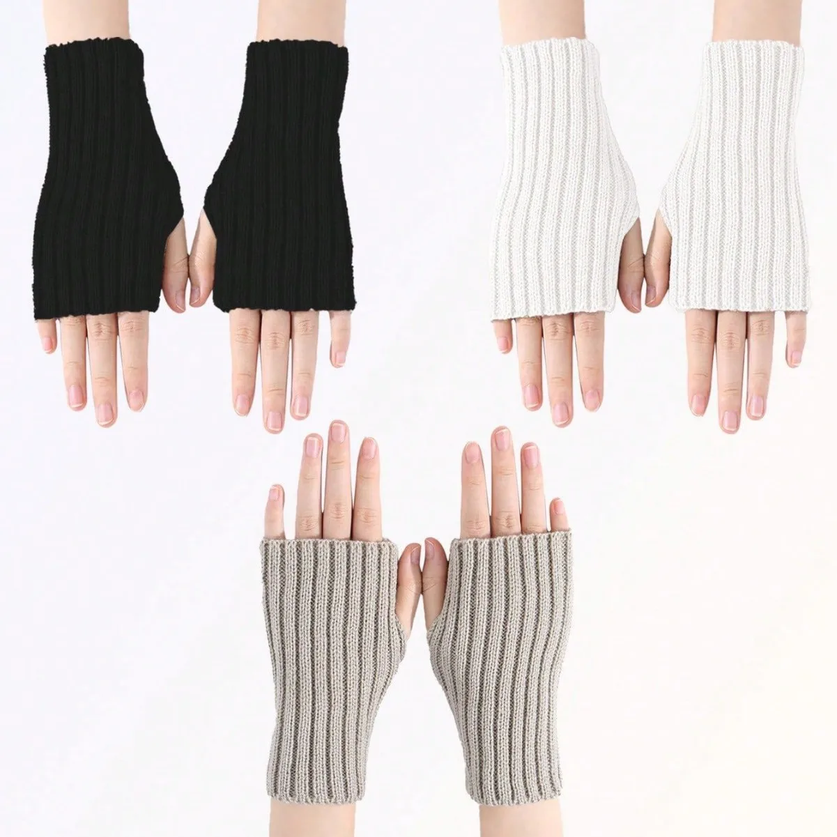 Modische und vielseitige, dicke, gestreifte kurze Ärmel für Damen im Herbst und Winter, Strickgarnhandschuhe mit freiliegenden Fingern