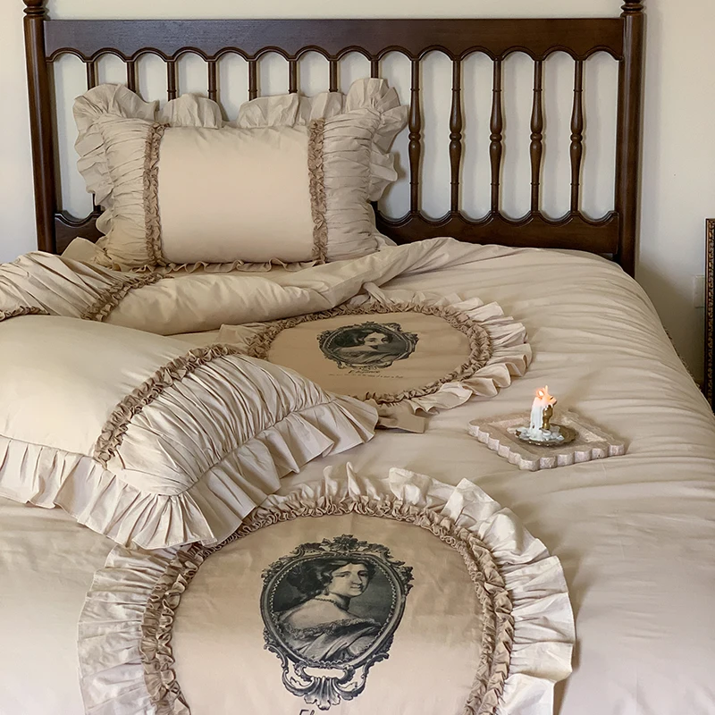French Lace Ruffles Patchwork Vintage French Bedding Set, 100