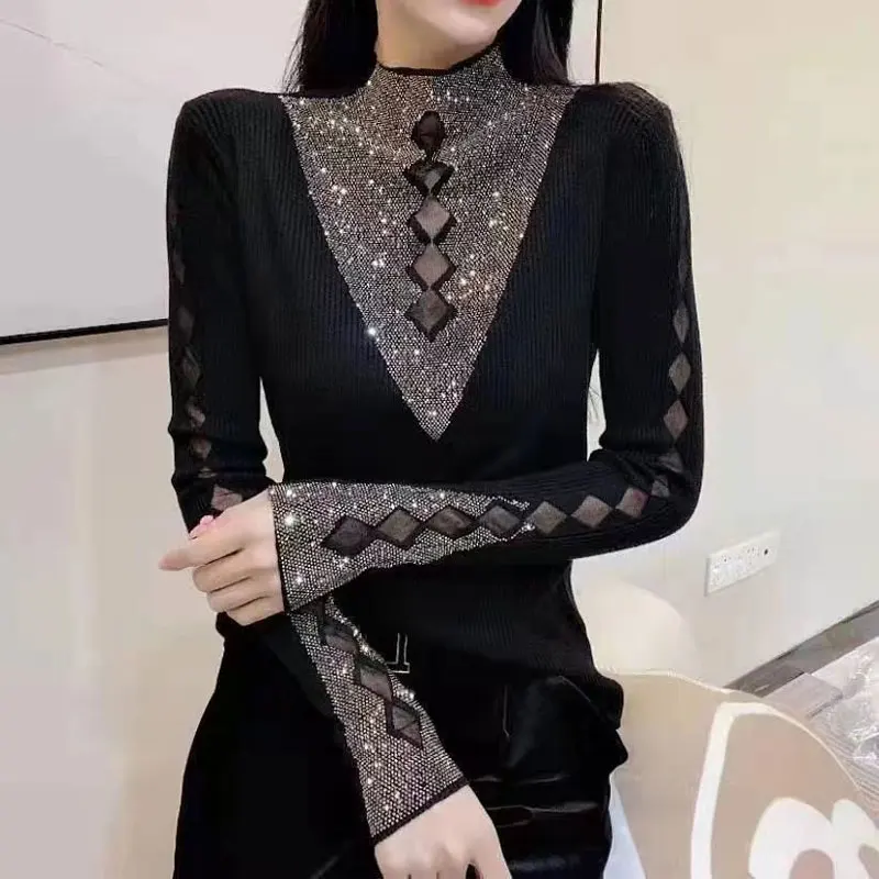 Sexy Hollow Out Gauze Spliced Blouse Women\'s Clothing Stylish Diamonds Spring Autumn Long Sleeve Casual Half High Collar Shirt