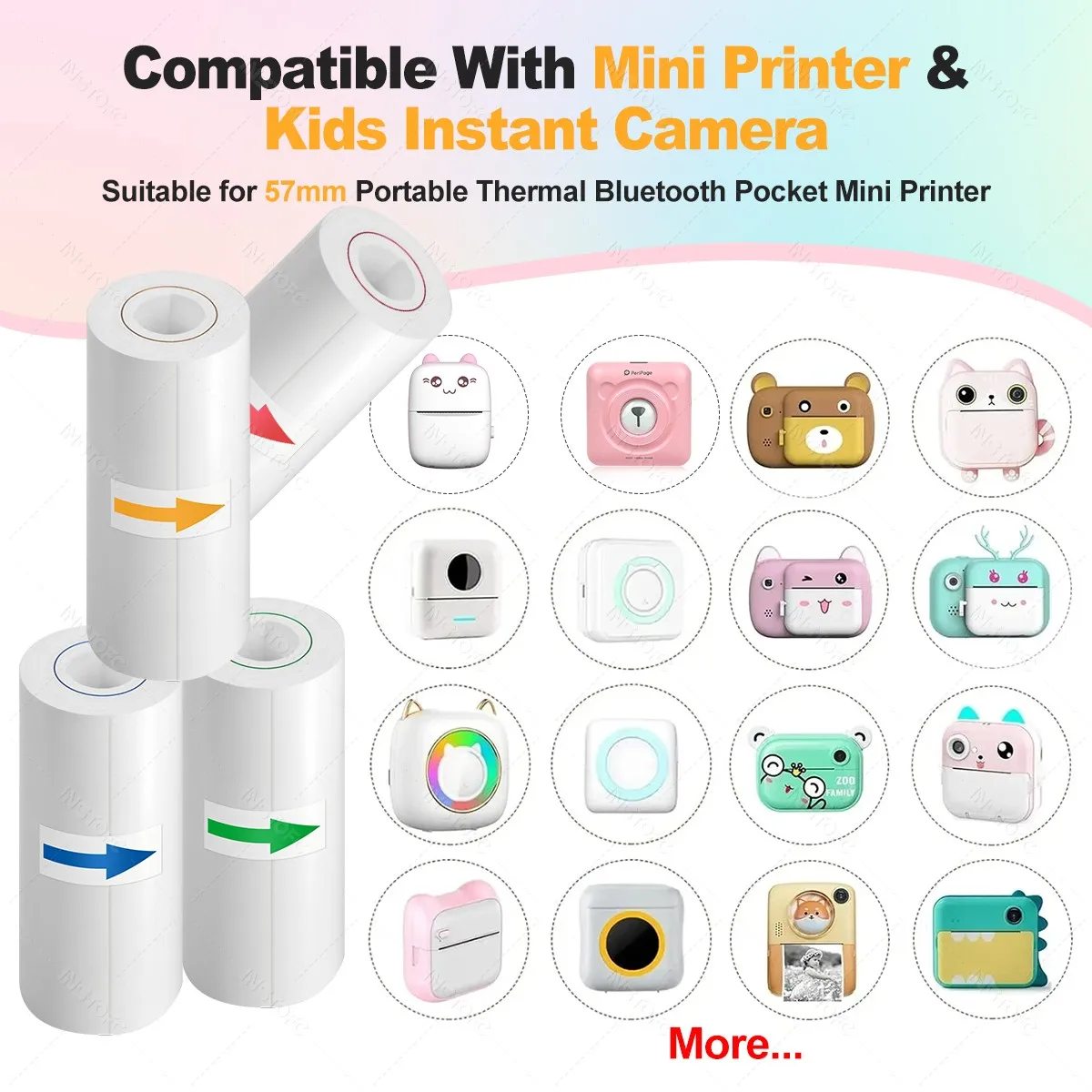 Kids Color Print Instant Camera Thermal Photo Printer Refill Paper Rolls 57mm Inkless Printing Compatible with Thermal Printers