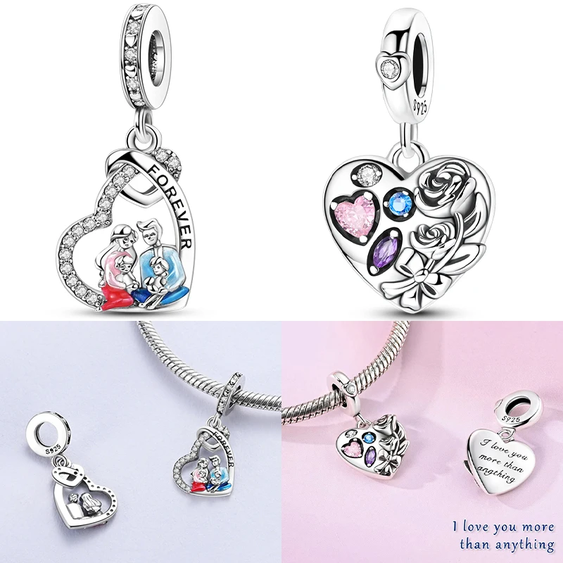 

Original 925 Sterling Silver Forever Family Heart Charms Beads Sparkling Zircon Dangle Fit DIY Bracelet Women Jewelry