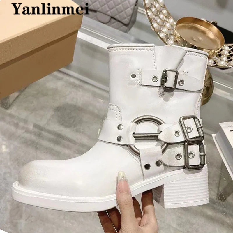 Suede Leather Motorcycle Boots Women Round Toe Slip-On Ankle Boots Punk Shoes Metal Belt Buckle Short Boots For Woman Botas Muje