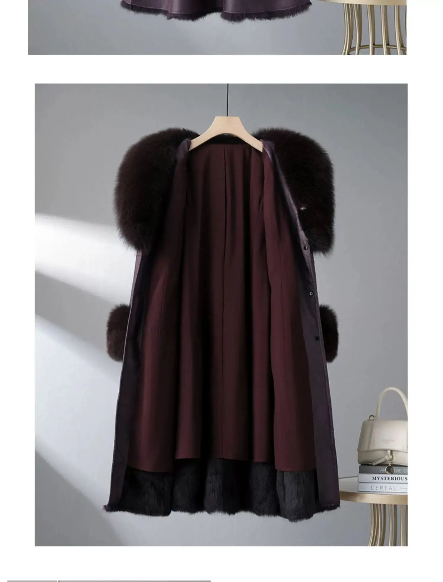 2023 New Rabbit Fur One Piece Coat for Women Mid length Fox Fur Collar Lace up Slim Fit Haining Fur Coat for Women