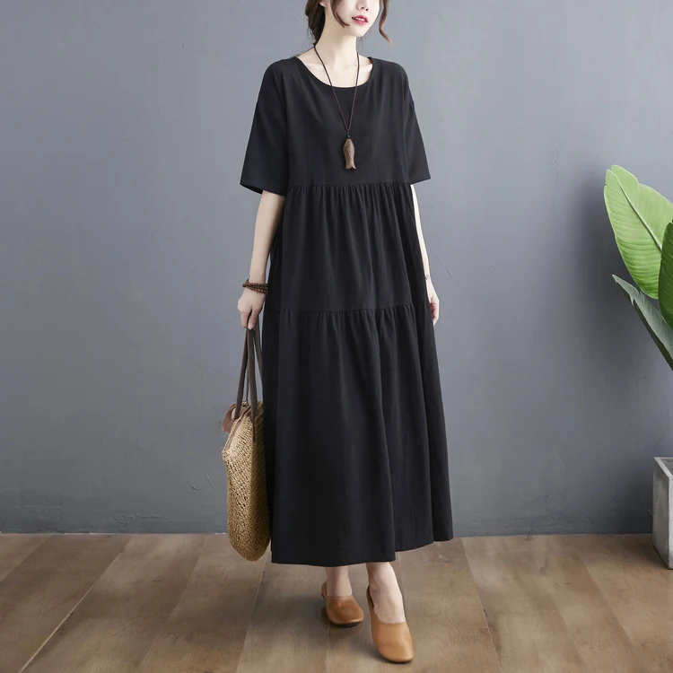 

Свободное льняное хлопковое макси-платье для полных женщин, летнее, винтажное, с круглым вырезом, А-силуэт, длинная юбка