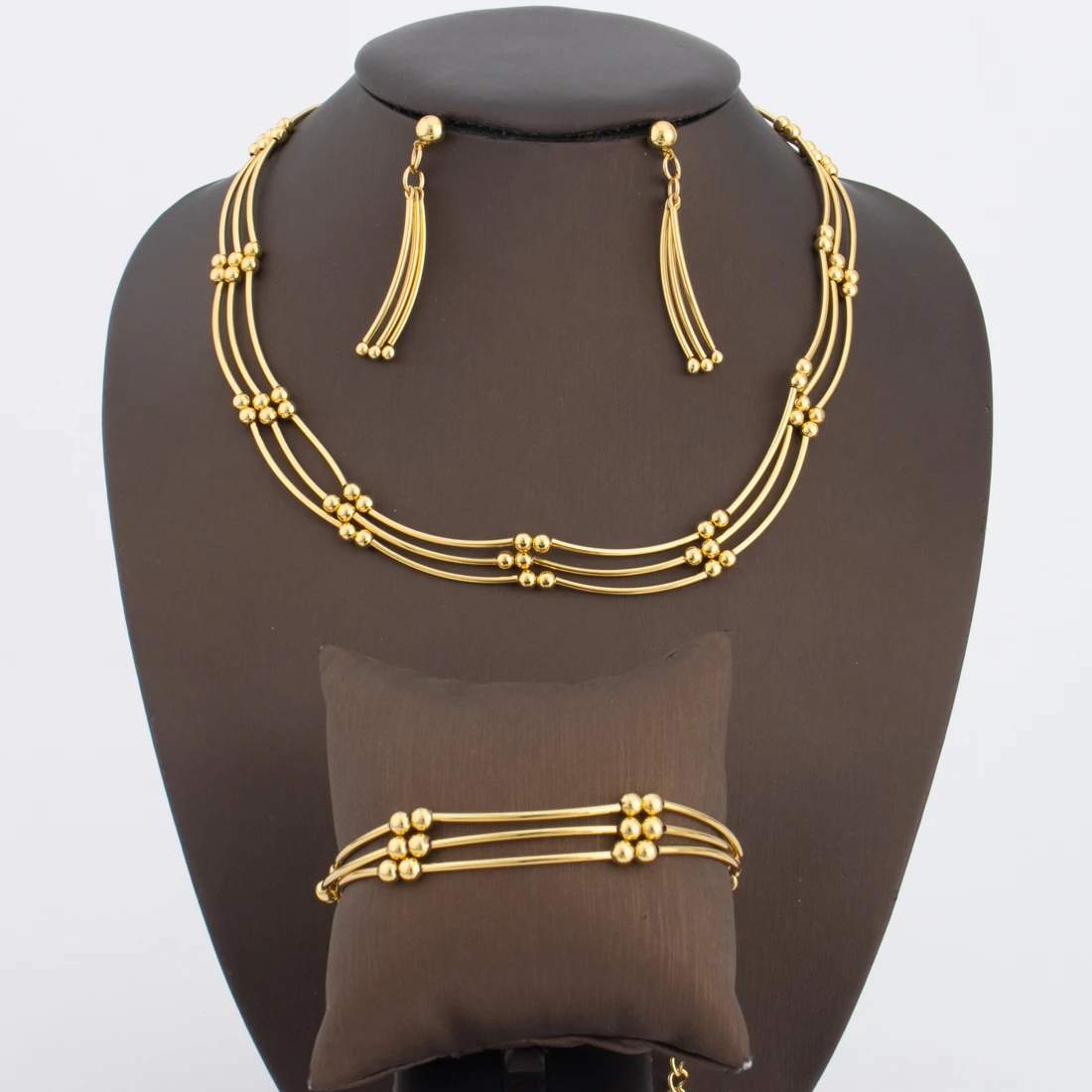 

Gold-Tone Stainless-Steel Beaded Round Necklace Earrings Bracelet Set for Women, Waterproof Multi-Layer jewellery woman Party Gi